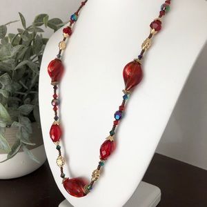 Necklace deep red crystals green and gold beads